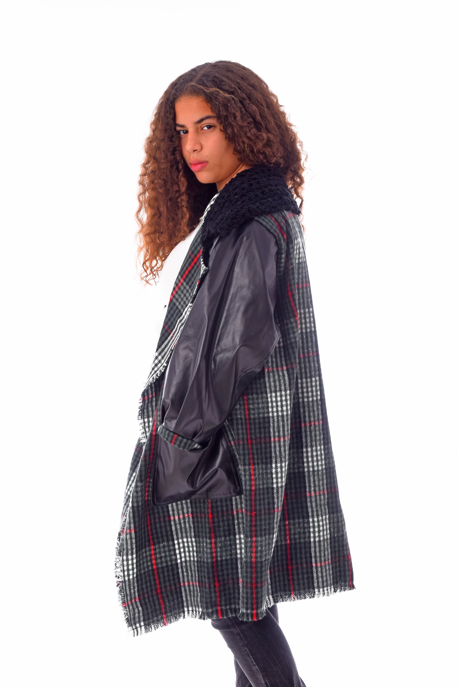 Open Wool Jacket Leather Sleeves Collar  Crochet Handmade - Image 3