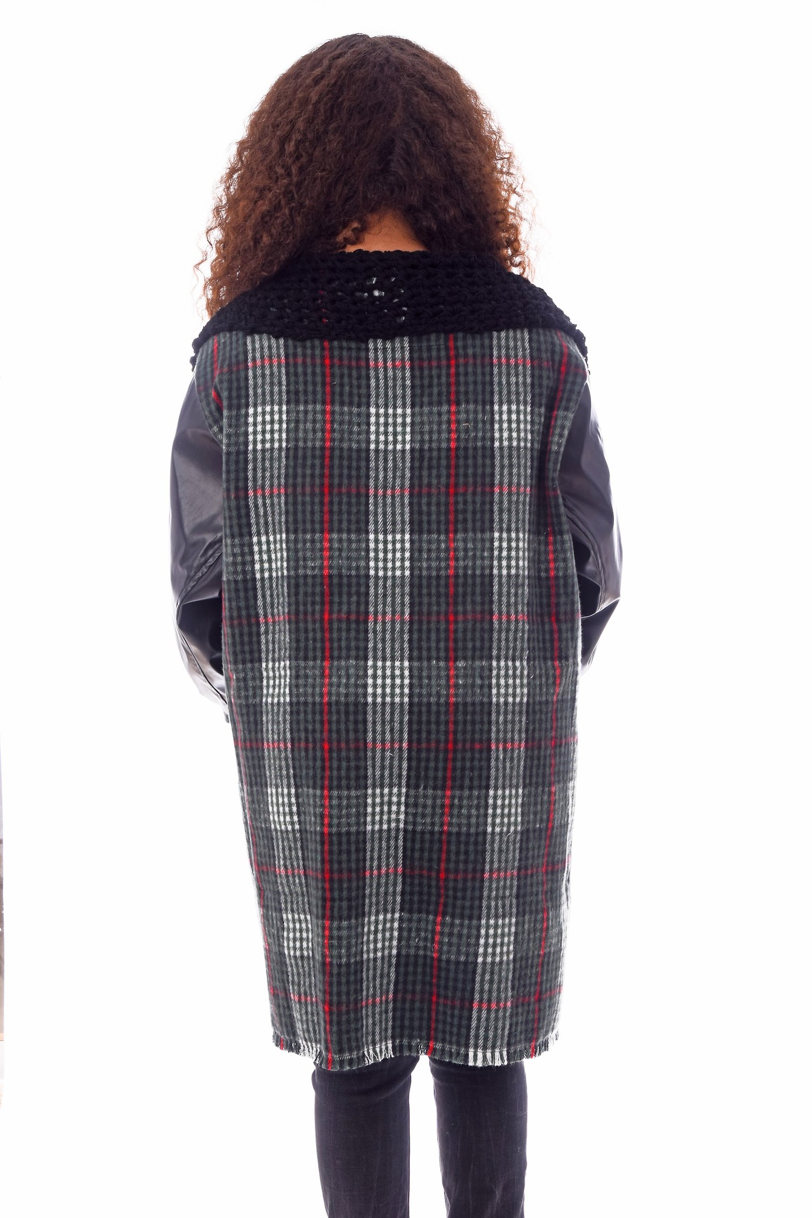 Open Wool Jacket Leather Sleeves Collar  Crochet Handmade - Image 4