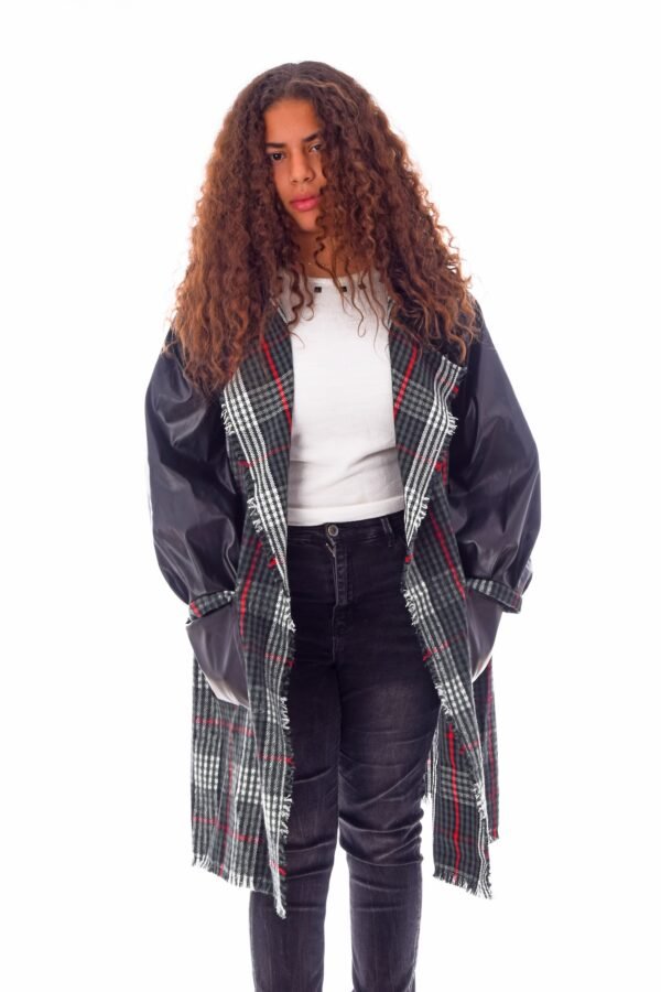 Open Wool Jacket Leather Sleeves Collar  Crochet Handmade
