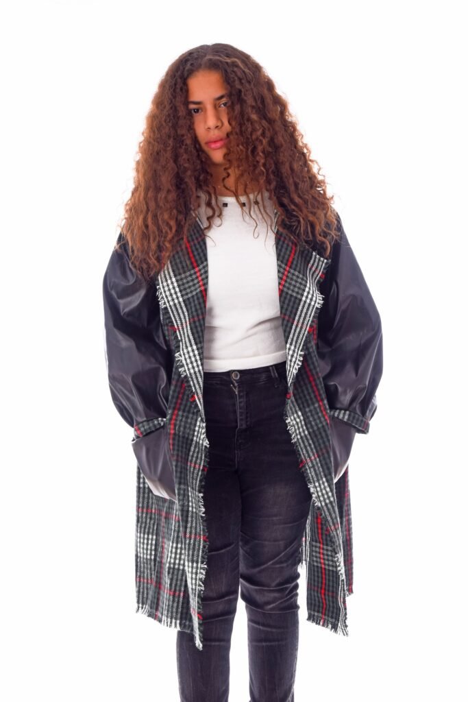 Open Wool Jacket Leather Sleeves Collar  Crochet Handmade
