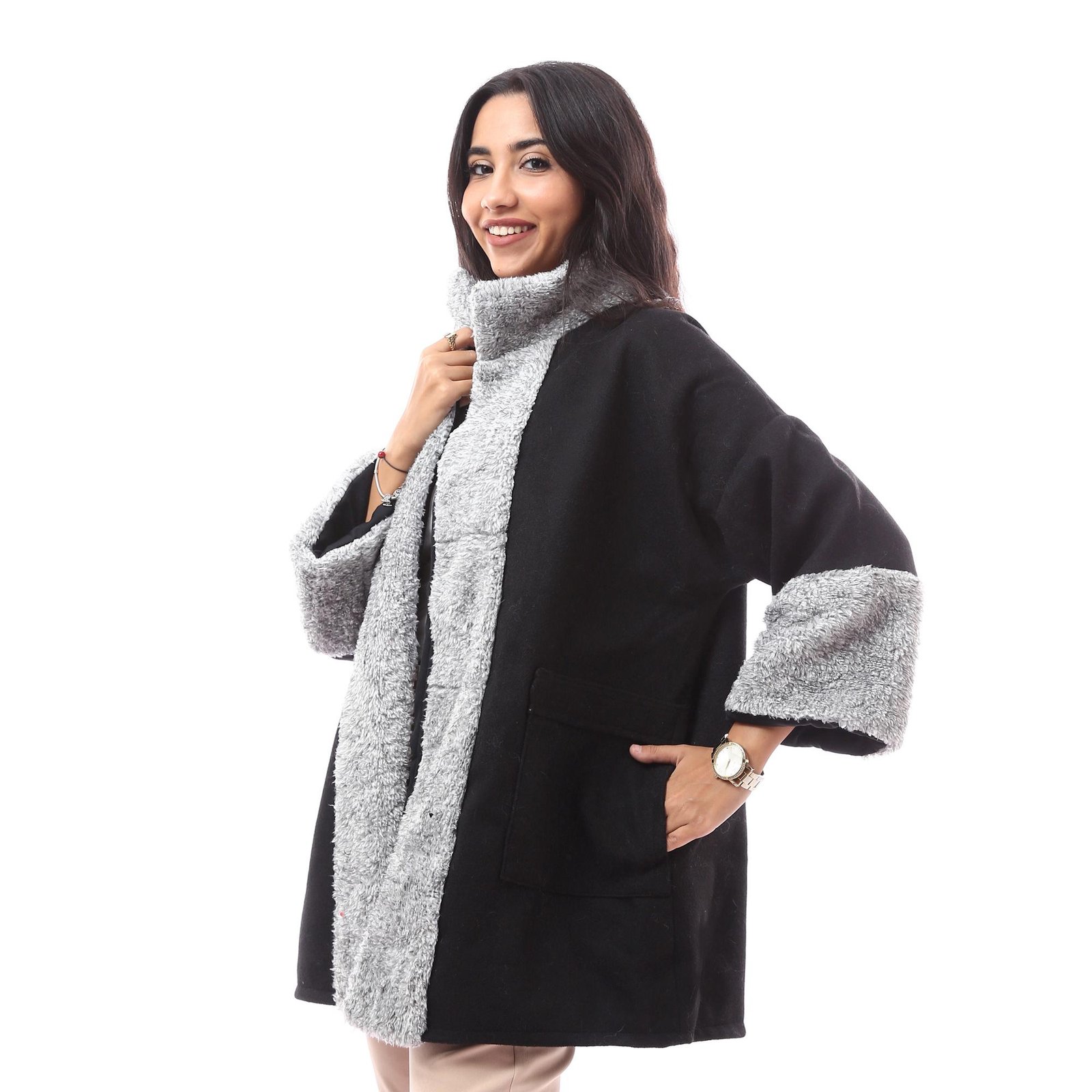 Comfy Wool  Warm Open Long Jacket  Fur Collar &Sleeves - Image 3