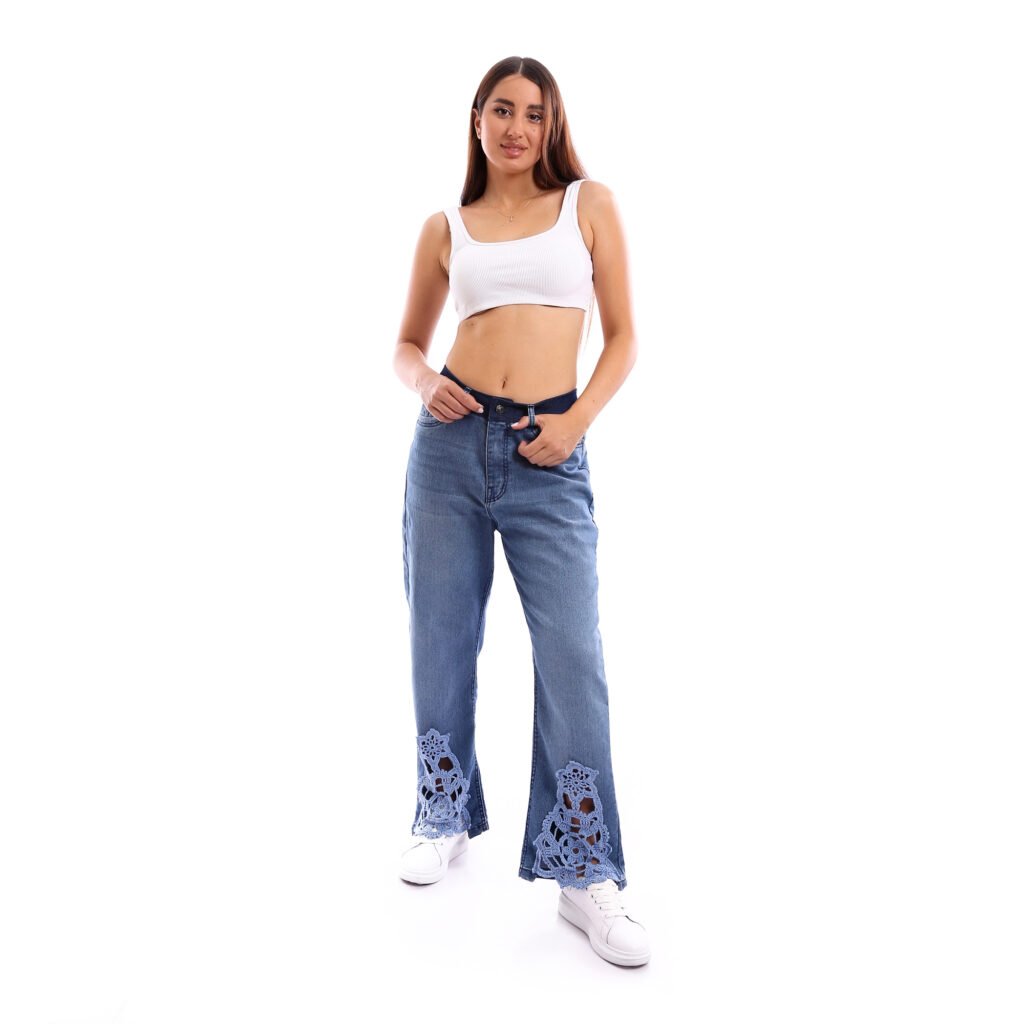 Bell leg Jeans Cotton Lycra Kik bootcut leg Decorated Flare Crochet Handmade Waist Band Trousers