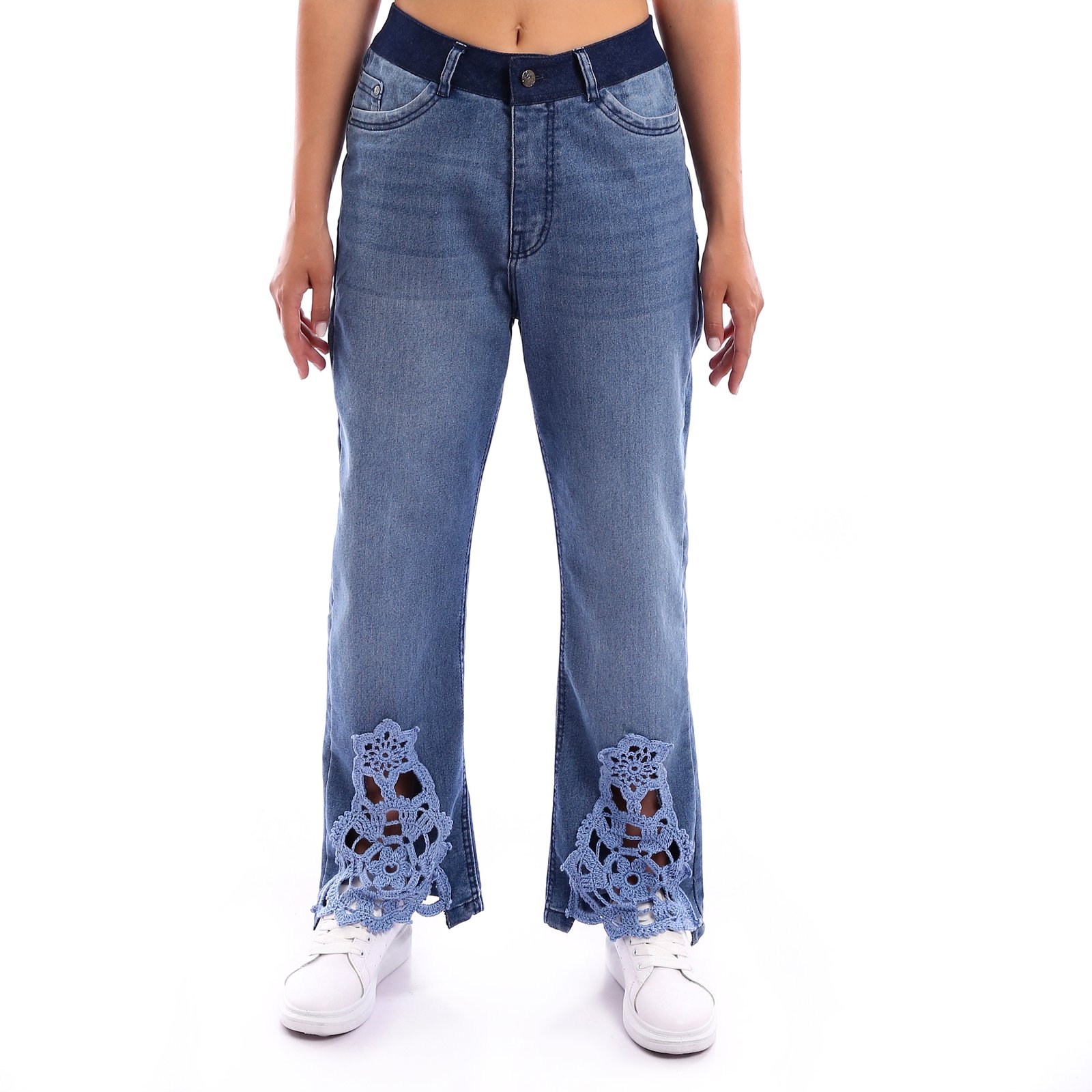 Bell leg Jeans Cotton Lycra Kik bootcut leg Decorated Flare Crochet Handmade Waist Band Trousers - Image 1