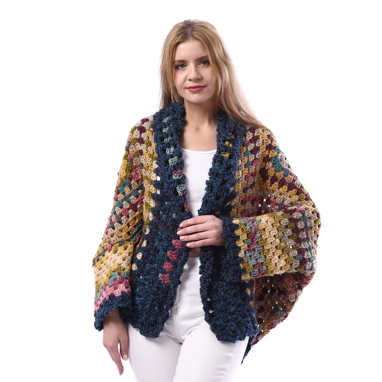 Elegant Colorful Back Granny Square Open Crochet Handmade Jacket - Image 1