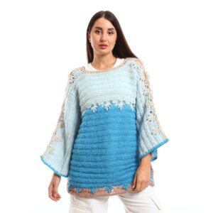 Handmade crocheted blouses in shades of light blue and turquoise, featuring flared sleeves, decorative stitching, and a textured knit design,