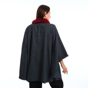 Elegant winter look featuring a Navy oversized Cap with wide sleeves, the deep burgundy faux-fur scarf adds warmth, texture and pocket patch - Image 4