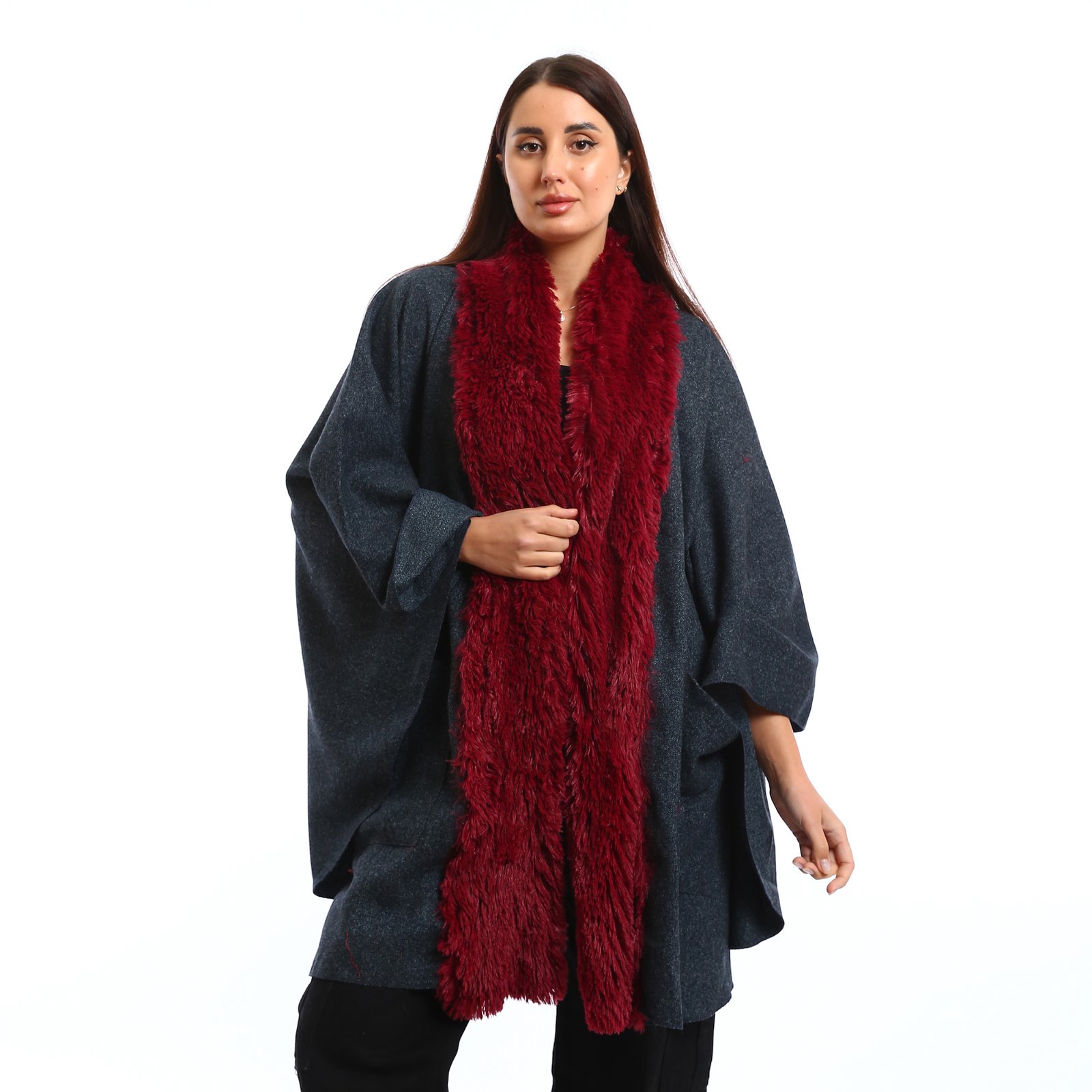 Elegant winter look featuring a Navy oversized Cap with wide sleeves, the deep burgundy faux-fur scarf adds warmth, texture and pocket patch - Image 1