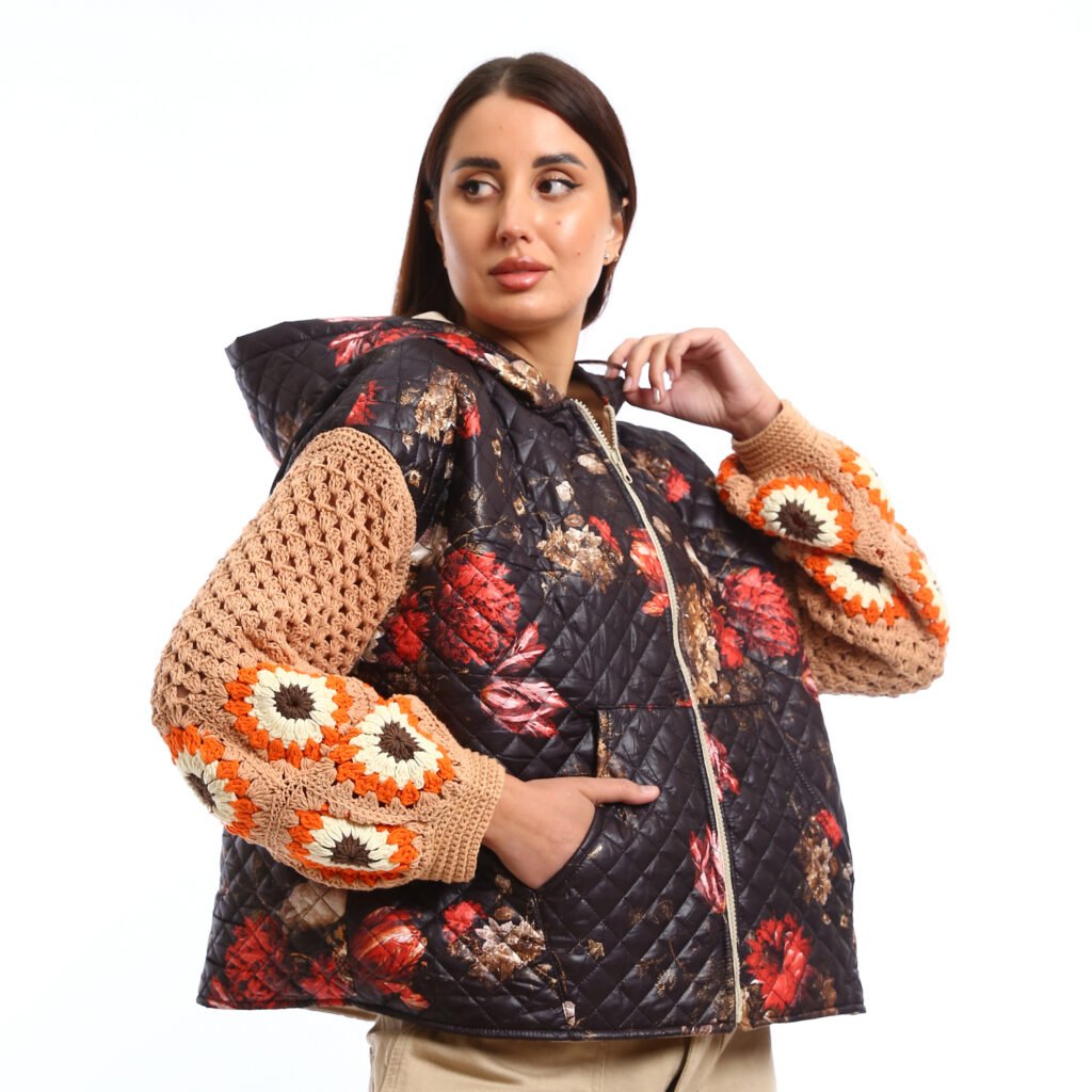 Hooded Puffer Jackets with unique, handcrafted elements like crochet sleeves oversized, chunky knit (crocheted) sleeves in shades of brown,