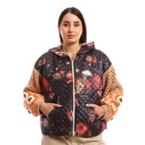 Hooded Puffer Jackets with unique, handcrafted elements like crochet sleeves oversized, chunky knit (crocheted) sleeves in shades of brown,