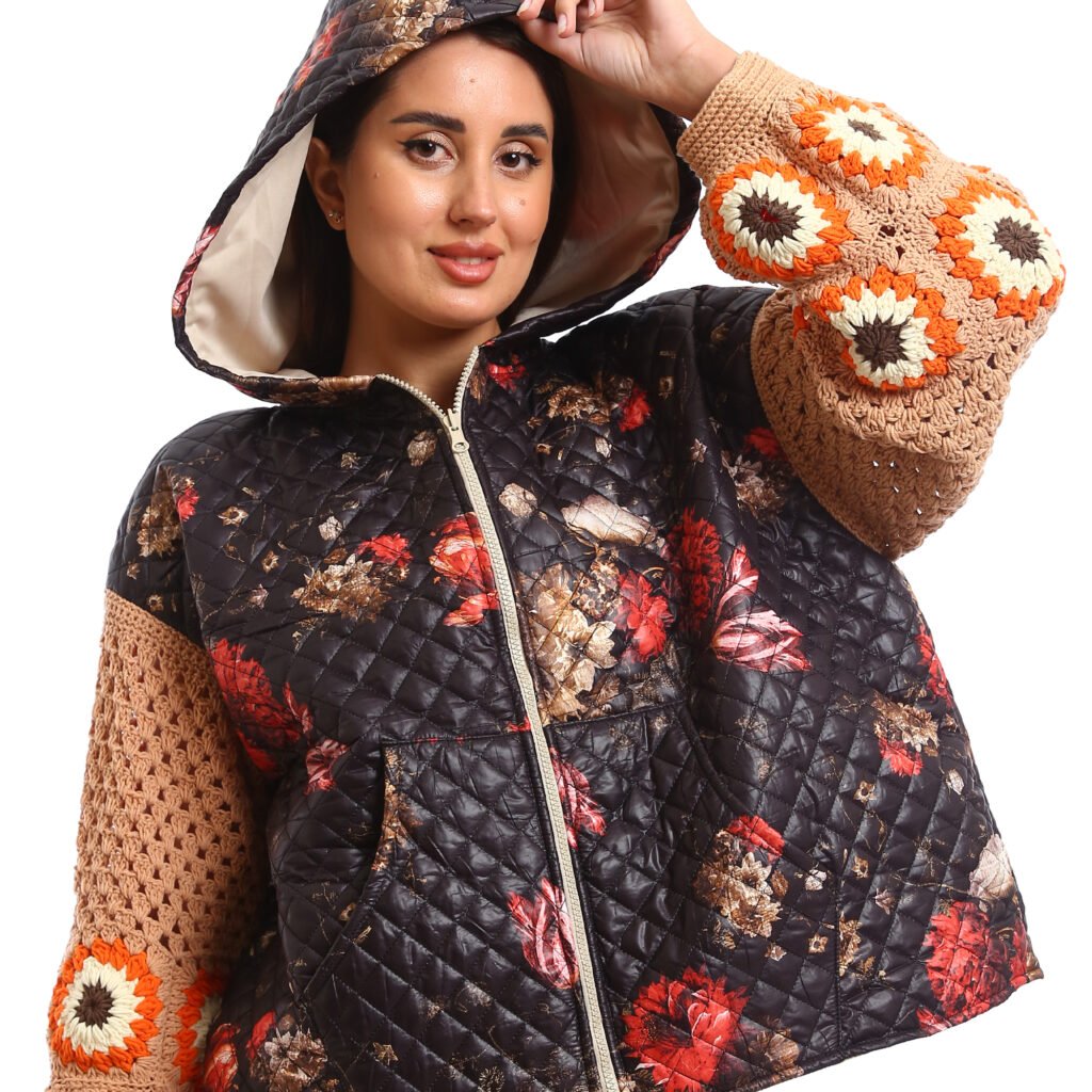 Hooded Puffer Jackets with unique, handcrafted elements like crochet sleeves oversized, chunky knit (crocheted) sleeves in shades of brown,