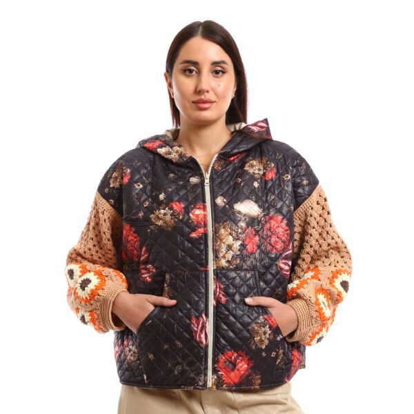 Hooded Puffer Jackets with unique, handcrafted elements like crochet sleeves oversized, chunky knit (crocheted) sleeves in shades of brown,
