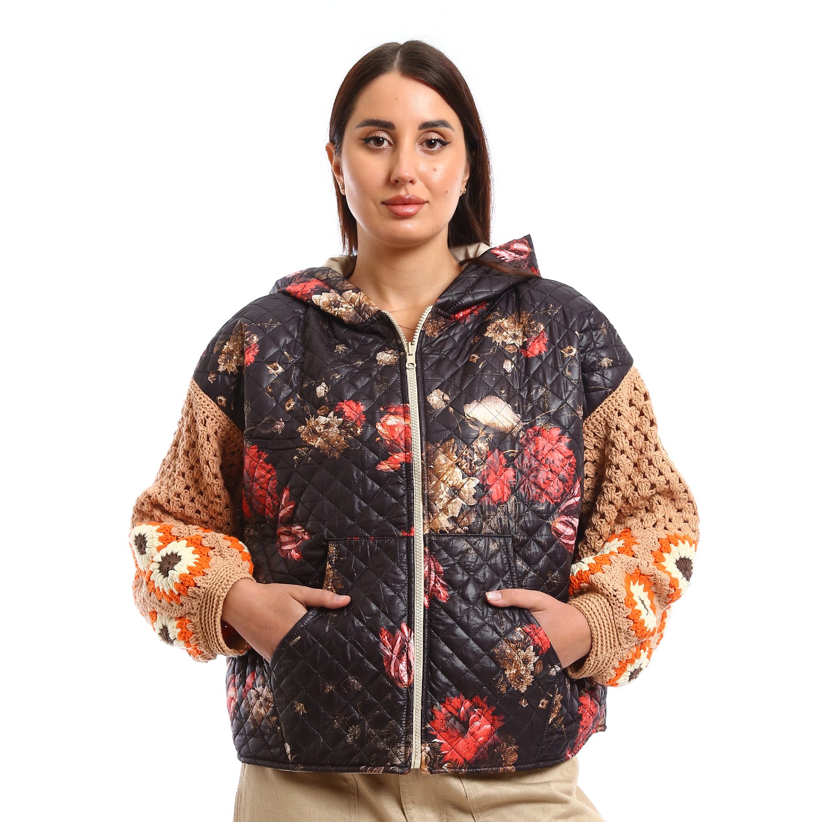Hooded Puffer Jackets with unique, handcrafted elements like crochet sleeves oversized, chunky knit (crocheted) sleeves in shades of brown, - Image 1