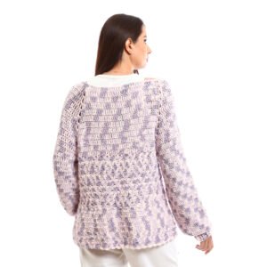 Handcrafted crochet pullover design with an airy, open-knit texture It comes in soft pastel shades of lavender blended with white - Image 4