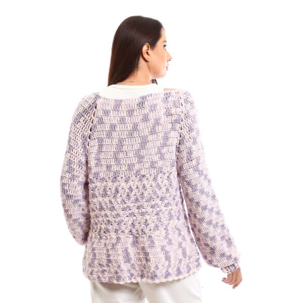Handcrafted crochet pullover design with an airy, open-knit texture It comes in soft pastel shades of lavender blended with white