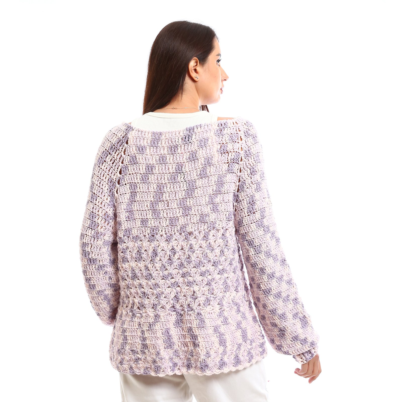 Handcrafted crochet pullover design with an airy, open-knit texture It comes in soft pastel shades of lavender blended with white - Image 4