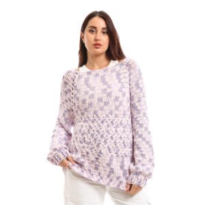 Handcrafted crochet pullover design with an airy, open-knit texture It comes in soft pastel shades of lavender blended with white