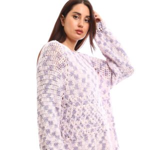 Handcrafted crochet pullover design with an airy, open-knit texture It comes in soft pastel shades of lavender blended with white - Image 2