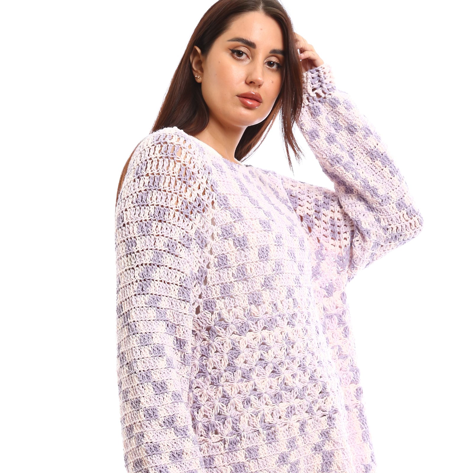 Handcrafted crochet pullover design with an airy, open-knit texture It comes in soft pastel shades of lavender blended with white - Image 2