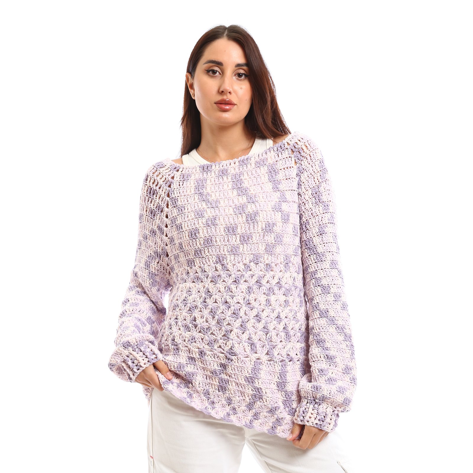 Handcrafted crochet pullover design with an airy, open-knit texture It comes in soft pastel shades of lavender blended with white - Image 1