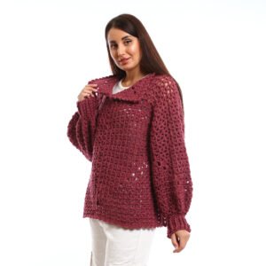 Handcrafted crocheted pullover in a rich burgundy tone. It features an open, textured stitch relaxed sleeves with slightly flared cuffs and a wide - Image 3