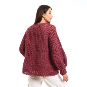 Handcrafted crocheted pullover in a rich burgundy tone. It features an open, textured stitch relaxed sleeves with slightly flared cuffs and a wide - Image 4