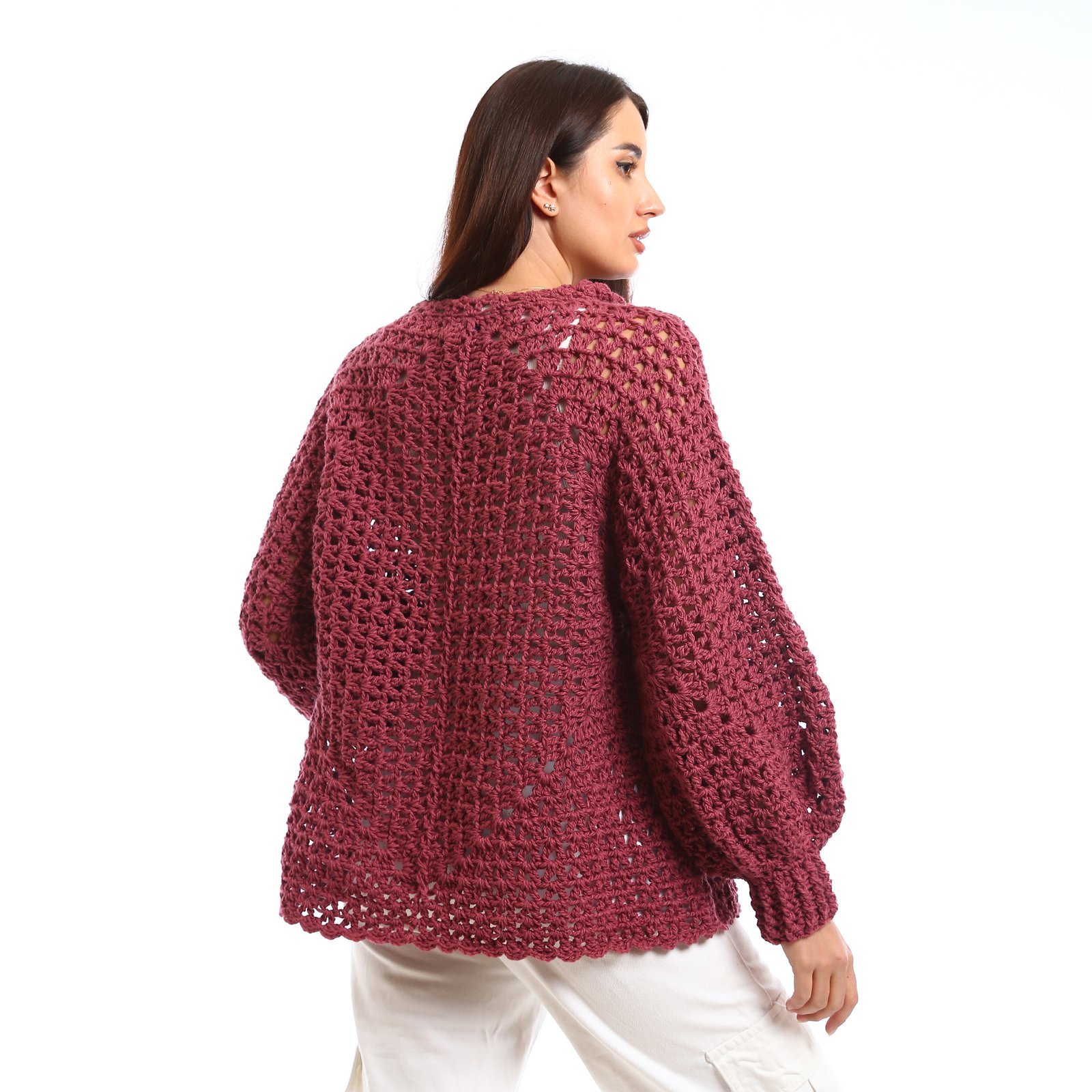 Handcrafted crocheted pullover in a rich burgundy tone. It features an open, textured stitch relaxed sleeves with slightly flared cuffs and a wide - Image 4