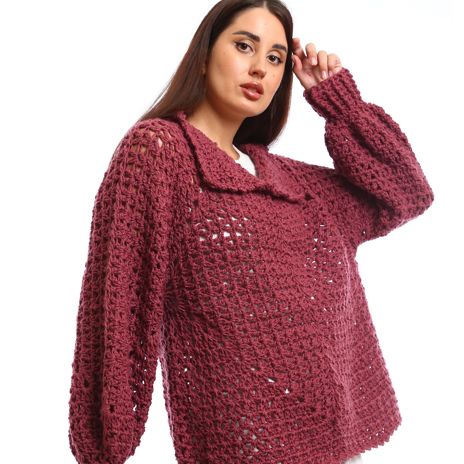 Handcrafted crocheted pullover in a rich burgundy tone. It features an open, textured stitch relaxed sleeves with slightly flared cuffs and a wide - Image 2