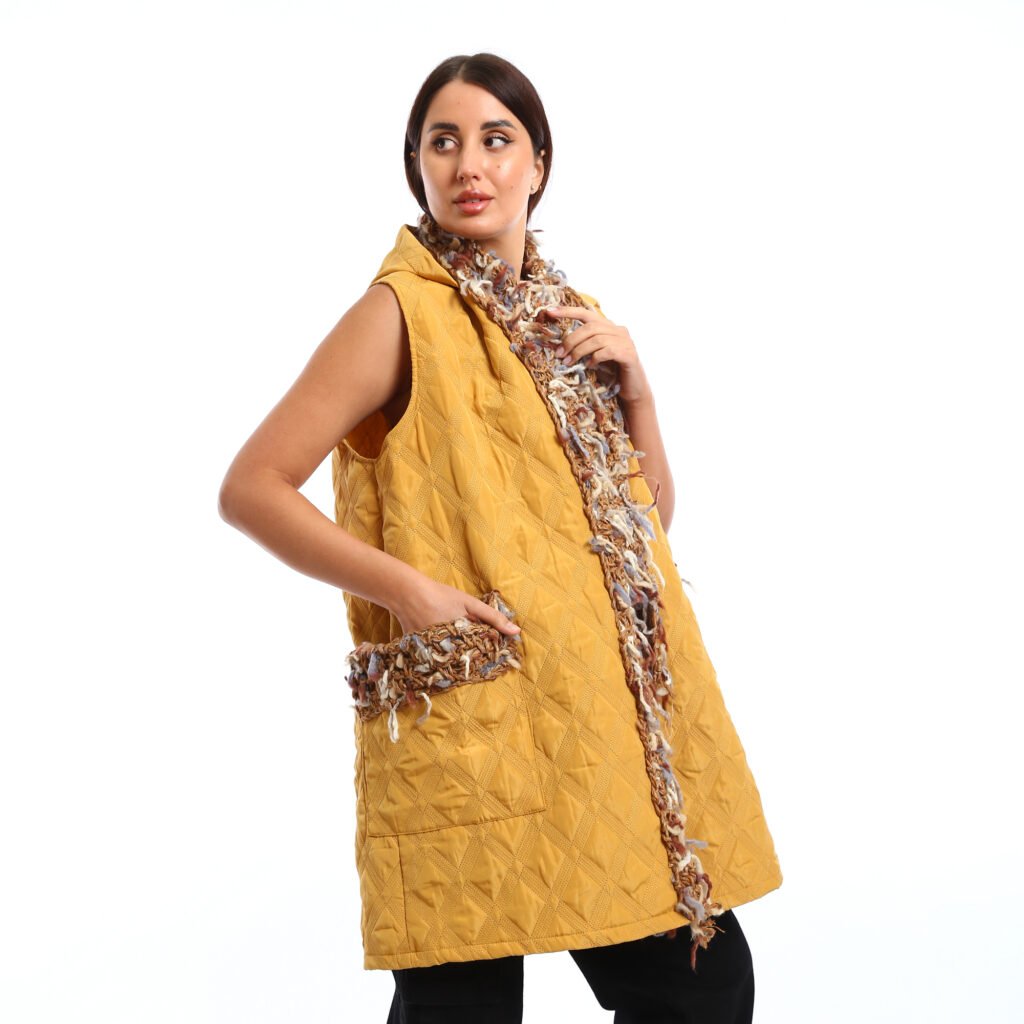 Hooded Puffer Vest with multi-colored, Crochet scarf and pocket trim