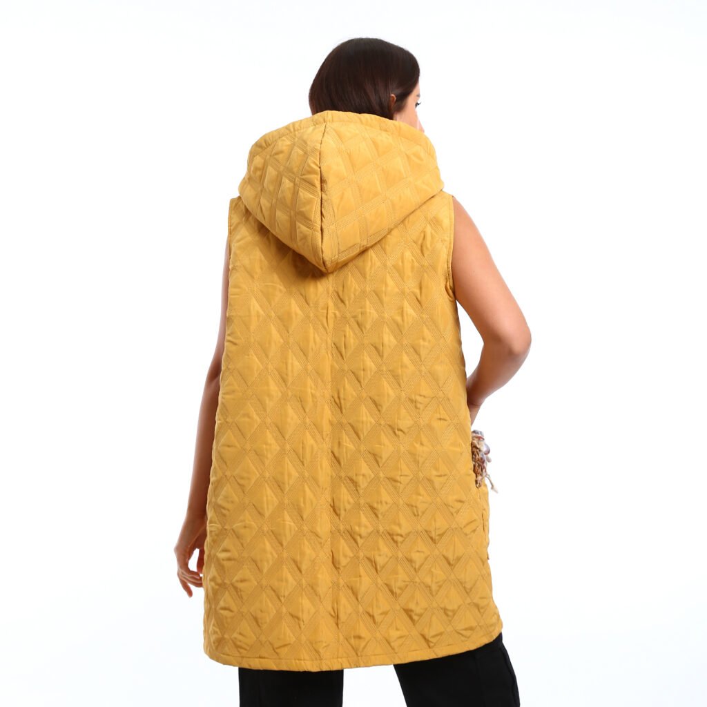 Hooded Puffer Vest with multi-colored, Crochet scarf and pocket trim
