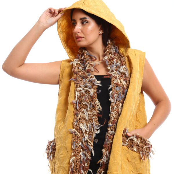 Hooded Puffer Vest with multi-colored, Crochet scarf and pocket trim