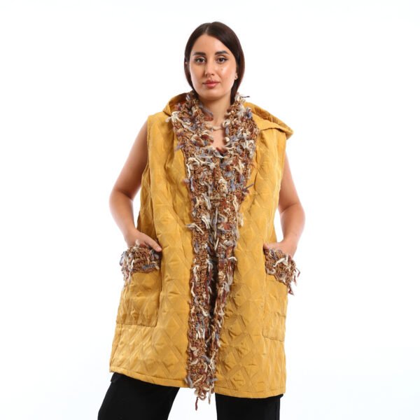Hooded Puffer Vest with multi-colored, Crochet scarf and pocket trim
