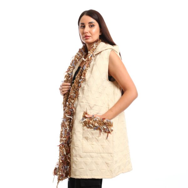 Hooded Puffer Vest with multi-colored, Crochet scarf and pocket trim