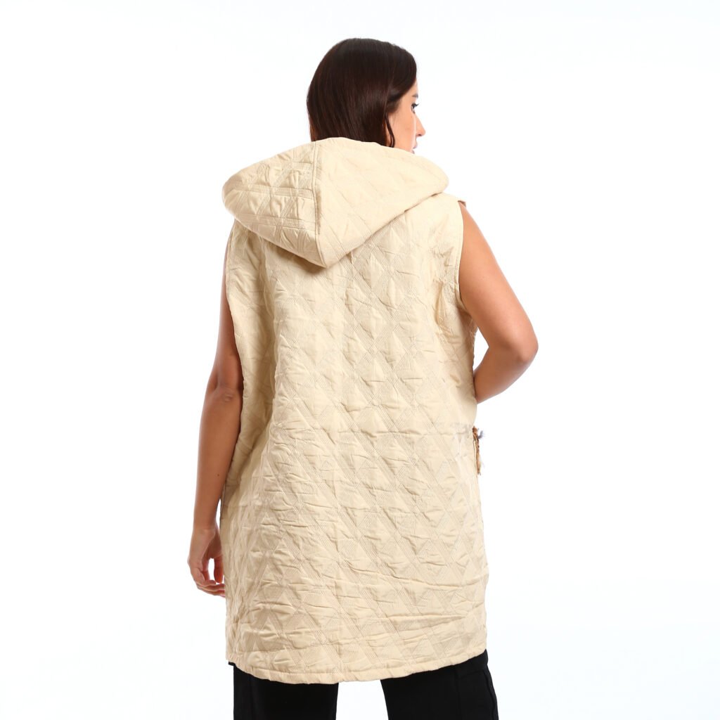 Hooded Puffer Vest with multi-colored, Crochet scarf and pocket trim