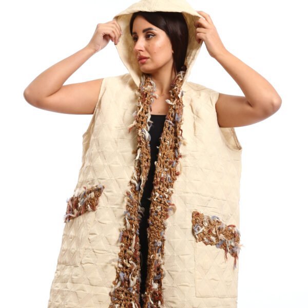 Hooded Puffer Vest with multi-colored, Crochet scarf and pocket trim