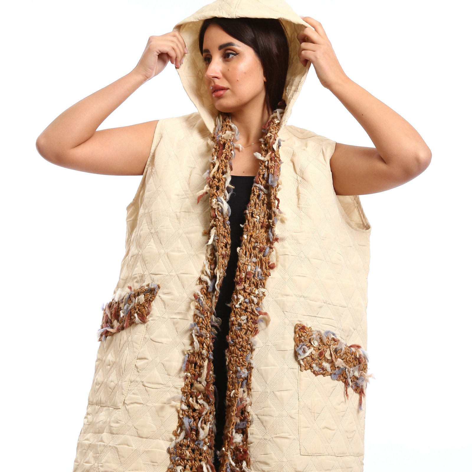 Hooded Puffer Vest with multi-colored, Crochet scarf and pocket trim - Image 3