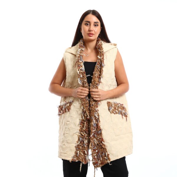 Hooded Puffer Vest with multi-colored, Crochet scarf and pocket trim