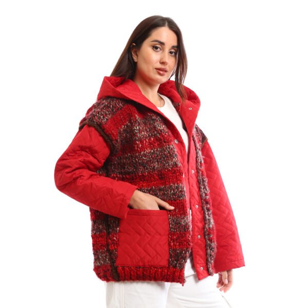 Oversized Hooded Puffer Jacket chunky knit panels on the front, Decorated a knit material.