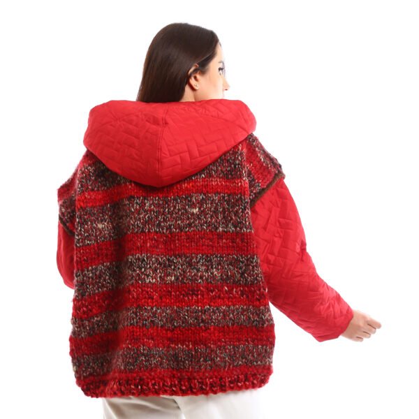 Oversized Hooded Puffer Jacket chunky knit panels on the front, Decorated a knit material.
