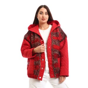 Oversized Hooded Puffer Jacket chunky knit panels on the front, Decorated a knit material.