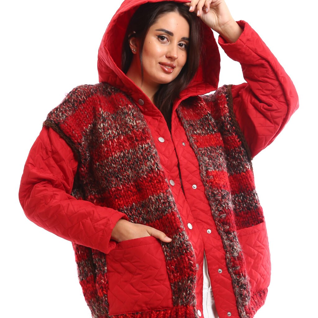 Oversized Hooded Puffer Jacket chunky knit panels on the front, Decorated a knit material.