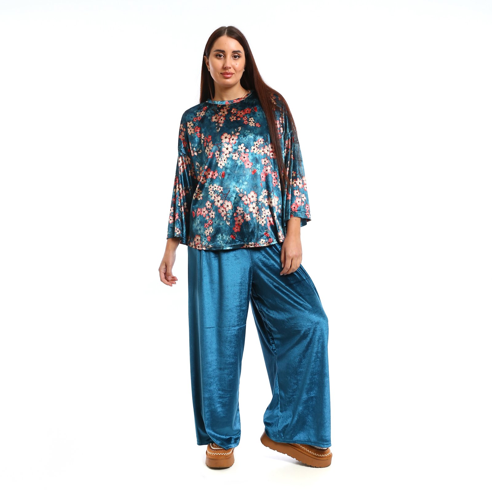 An elegant and luxurious look.. loose-fit,   Basic Sets a velvet  The fabric has a soft, Basic  Top with Normal-waisted, wide-leg pants - Image 1