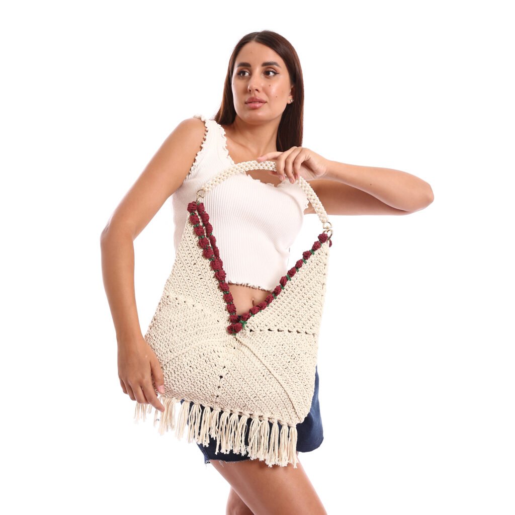 Crochet shoulder bag decorative floral trim with fringe