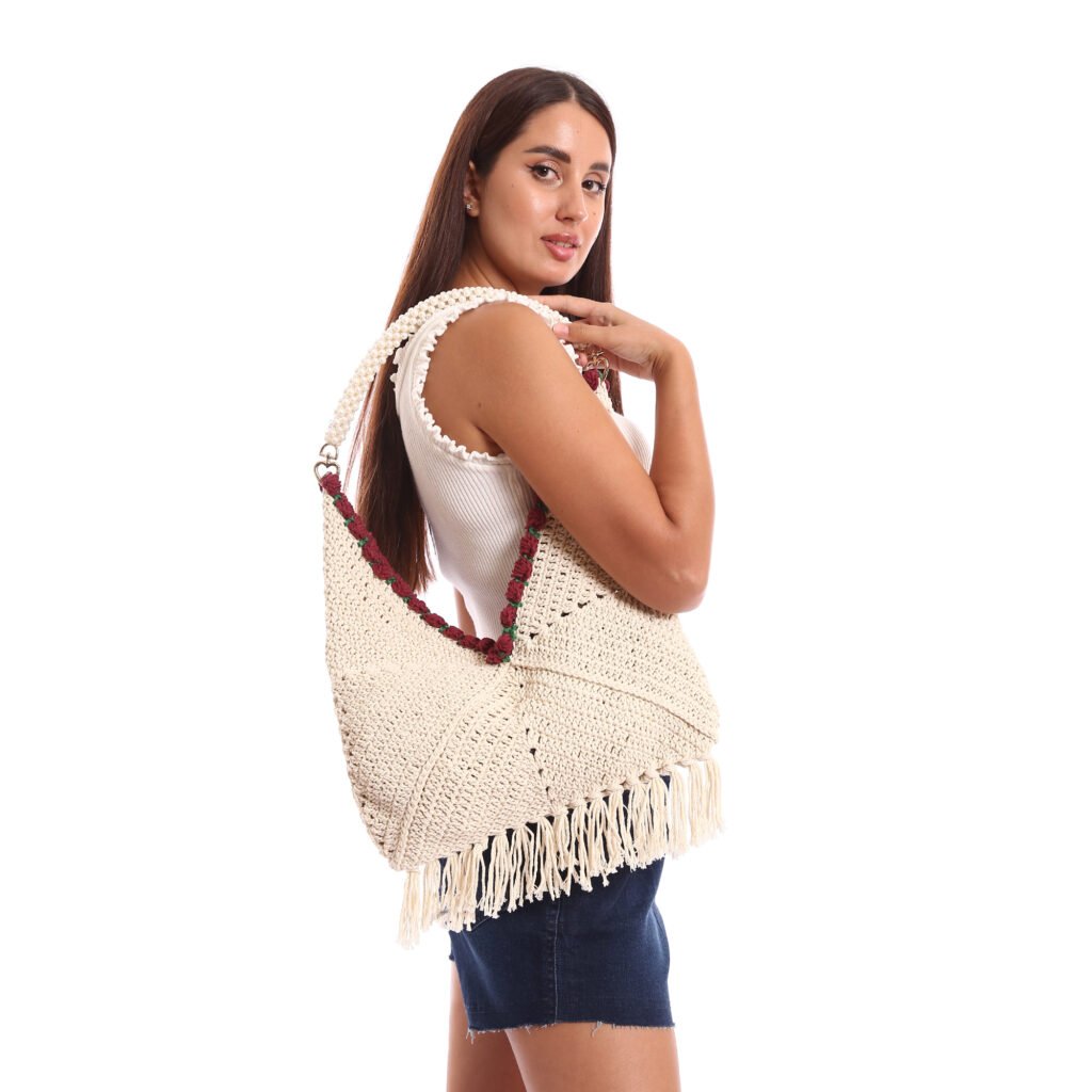 Crochet shoulder bag  decorative floral trim with  fringe