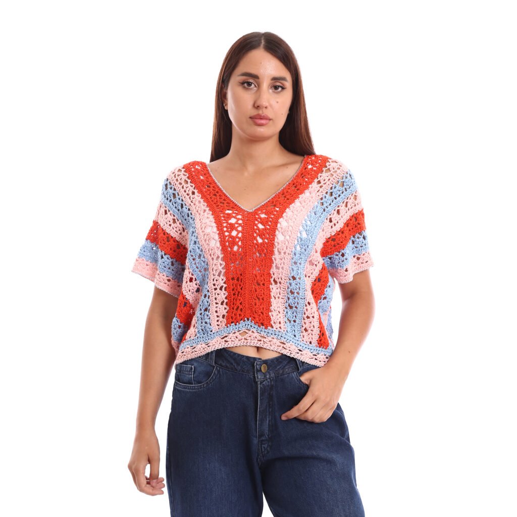 A  crochet boxy blouses multicolor striped design