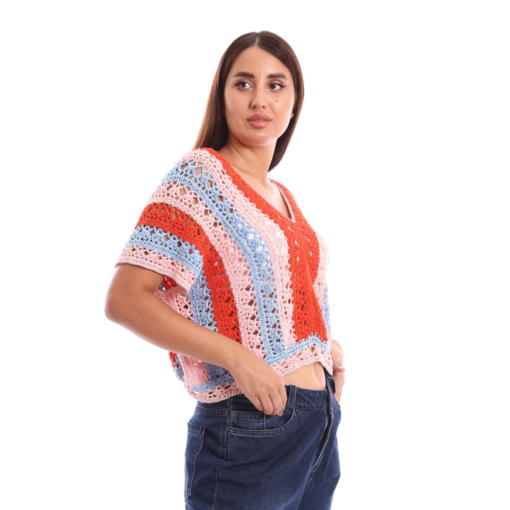 A crochet boxy blouses multicolor striped design