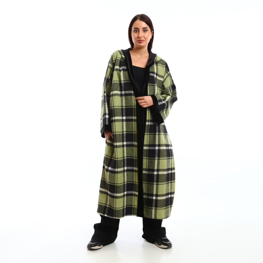Oversized long hooded open cardigan decorated velvet trims