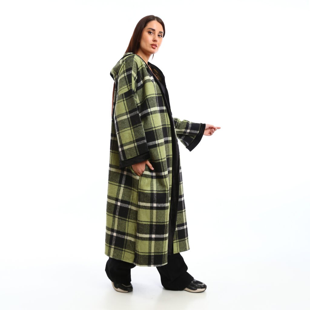 Oversized long hooded open cardigan decorated velvet trims