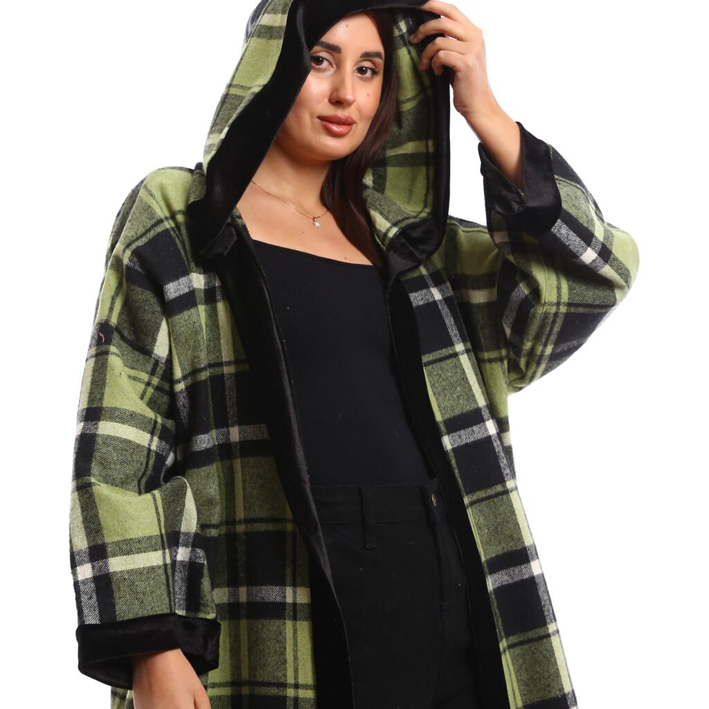 Oversized long hooded open cardigan decorated velvet trims