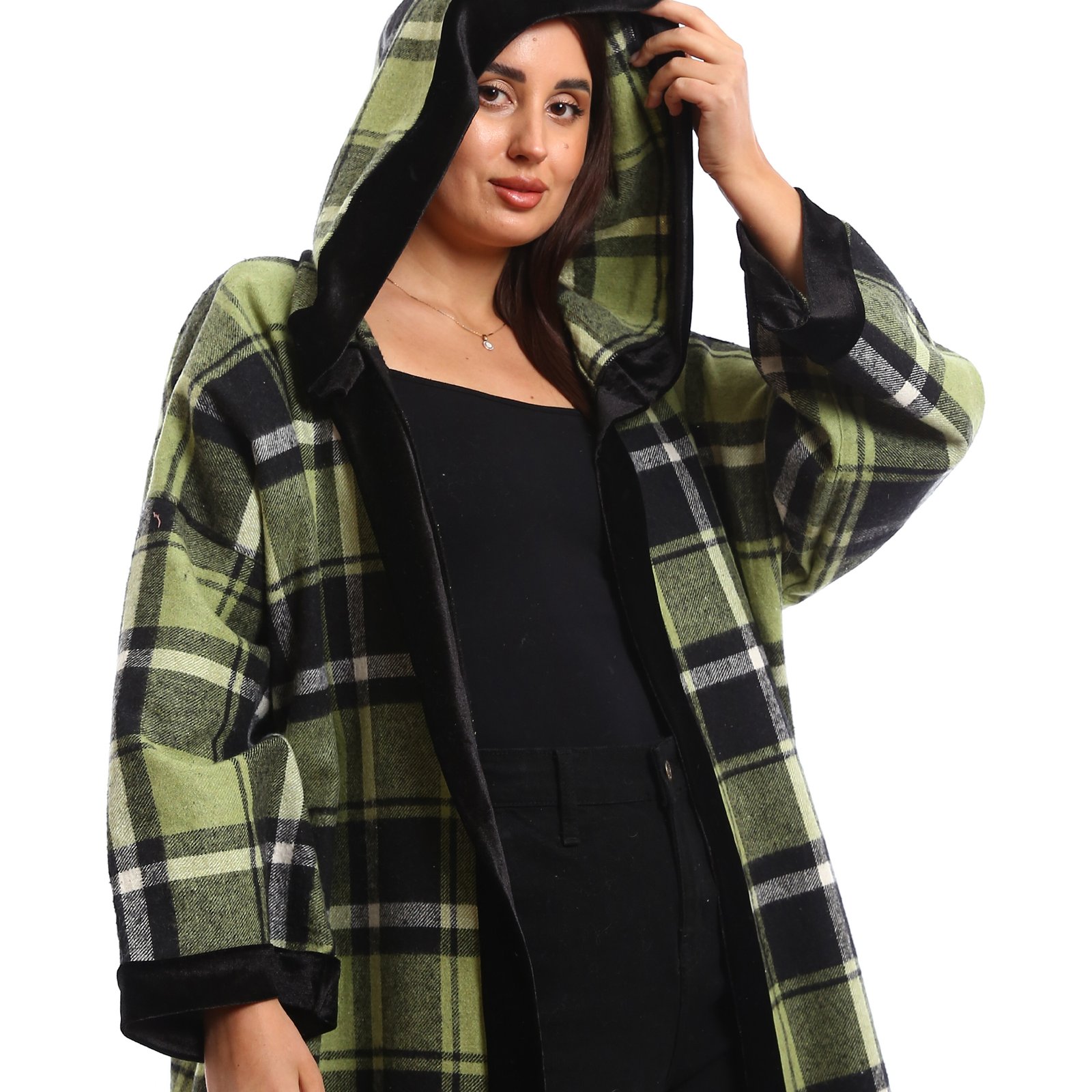 Oversized long hooded open cardigan decorated velvet trims - Image 3