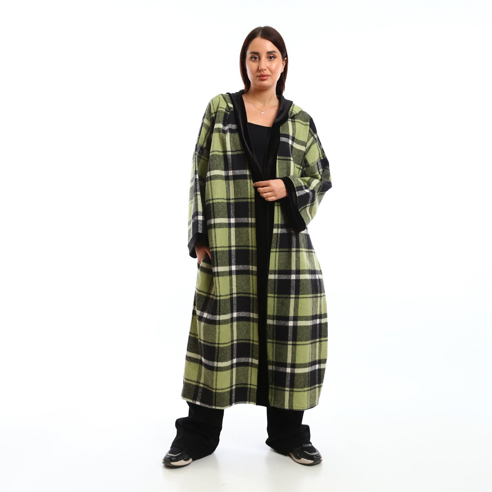 Oversized long hooded open cardigan decorated velvet trims - Image 1